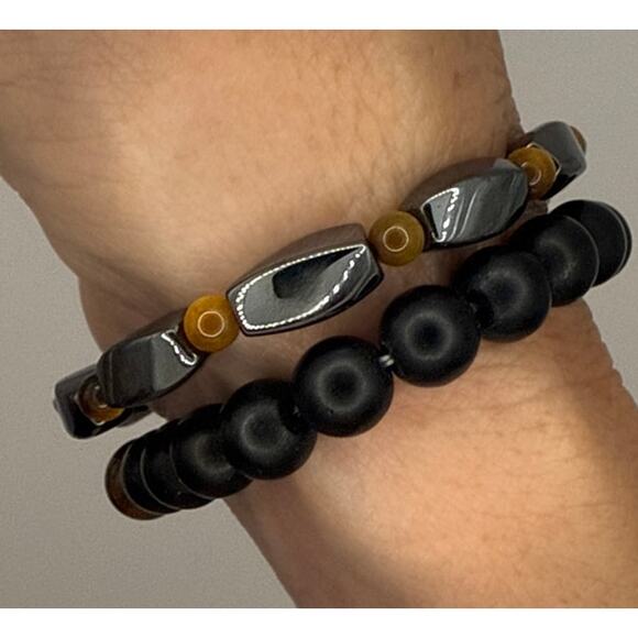Hematite, Shunghite, and Tiger Eye Natural Stone Beaded Bracelet Duo - Picture 4 of 7